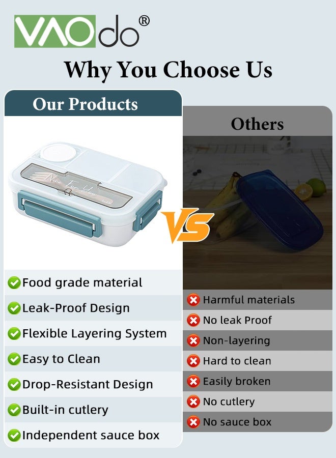 فاو دو صندوق غداء بينتو 3 قطع مع أدوات المائدة، صندوق غداء للكبار مع 4 حجرات وحاوية صلصة واحدة، خالٍ من مادة BPA، آمن للاستخدام في الميكروويف وغسالة الصحون للمنزل والمدرسة والمكتب أزرق - Image 5