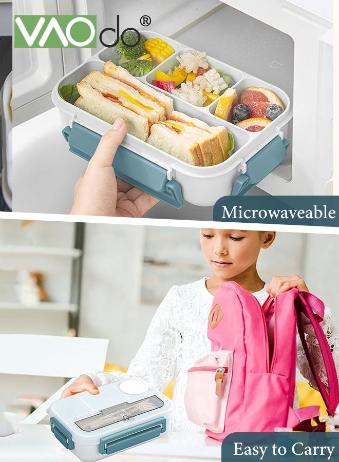 فاو دو صندوق غداء بينتو 3 قطع مع أدوات المائدة، صندوق غداء للكبار مع 4 حجرات وحاوية صلصة واحدة، خالٍ من مادة BPA، آمن للاستخدام في الميكروويف وغسالة الصحون للمنزل والمدرسة والمكتب أزرق - Image 4