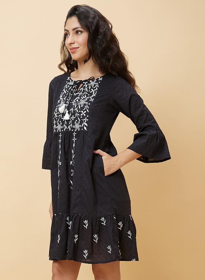 Globus Women Black Embroidered Tie-Up Neck A-Line Mini Dress - Image 3
