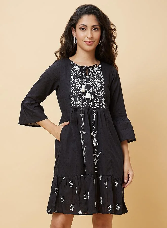 globus Globus Women Black Embroidered Tie-Up Neck A-Line Mini Dress