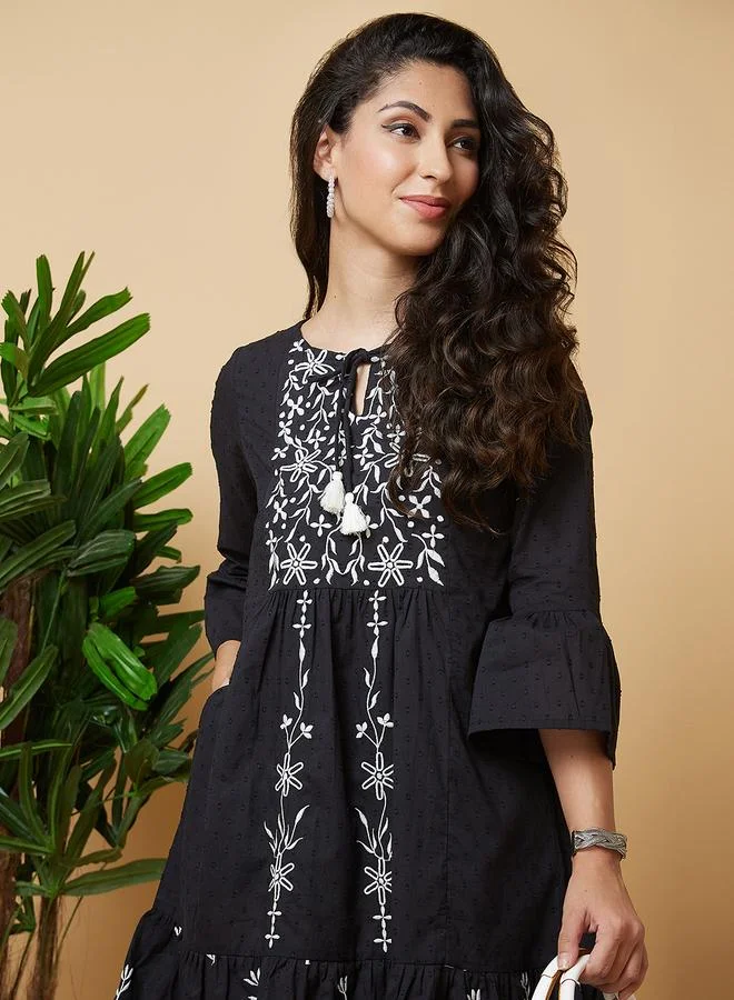 globus Globus Women Black Embroidered Tie-Up Neck A-Line Mini Dress