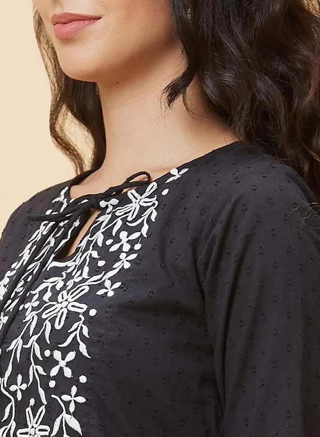 globus Globus Women Black Embroidered Tie-Up Neck A-Line Mini Dress