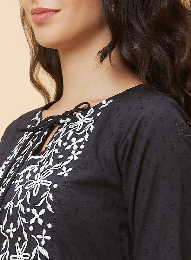 Globus Women Black Embroidered Tie-Up Neck A-Line Mini Dress - Image 5