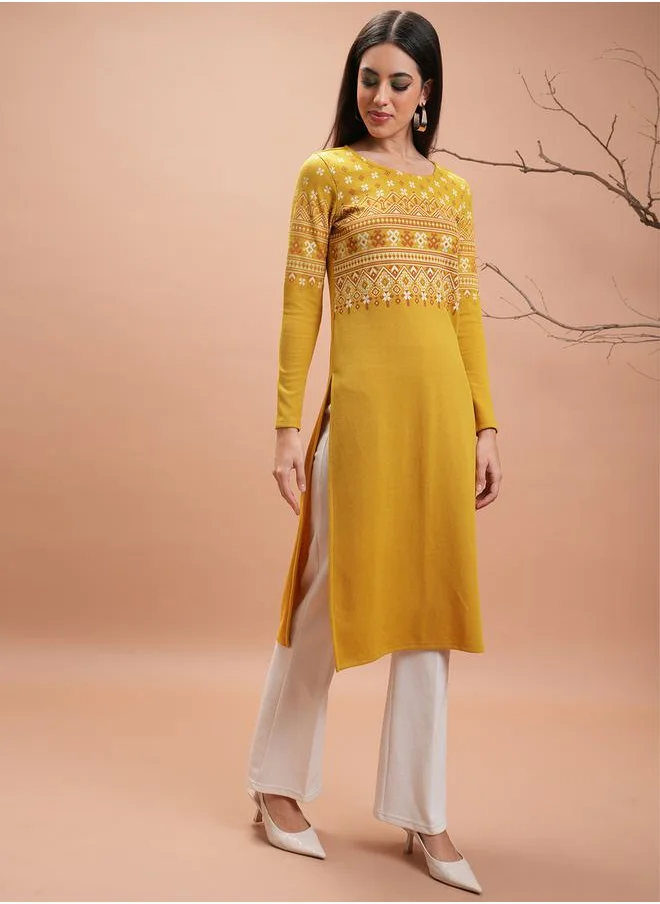 Vishudh Ribbed Aztec Print Straight Fit Kurta by Styli