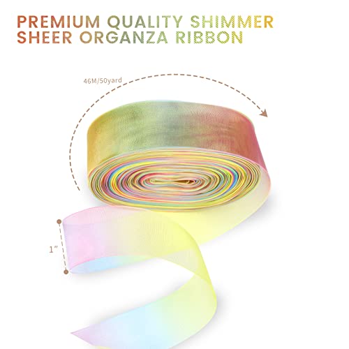 MOLSHINE 50yd Sheer Organza Ribbon, Premium Quality Shimmer Ribbons, Chiffon Band - Rainbow Seven Colors(Light Rainbow) (1" (25mm)) - Image 3