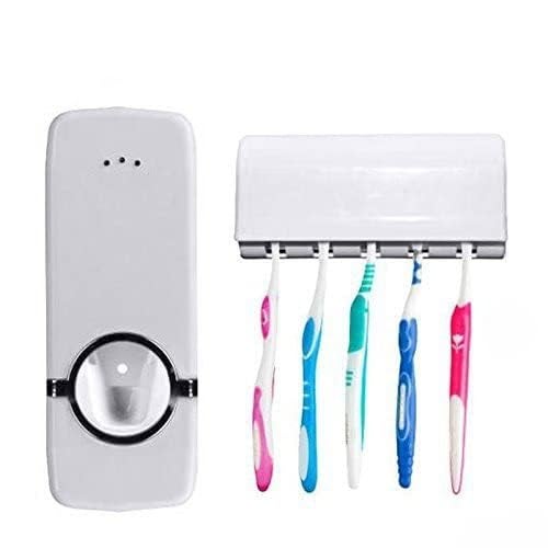 Dkriva Hands Free Wall Mounted Plastic Dust Proof Automatic Toothpaste Dispenser and Detachable Hole 5 Toothbrush Holder(1 PCS) - Image 1