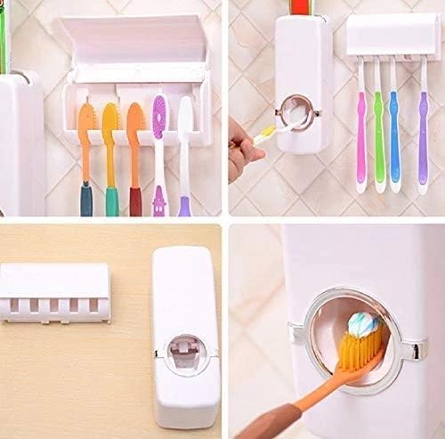Dkriva Hands Free Wall Mounted Plastic Dust Proof Automatic Toothpaste Dispenser and Detachable Hole 5 Toothbrush Holder(1 PCS) - Image 2