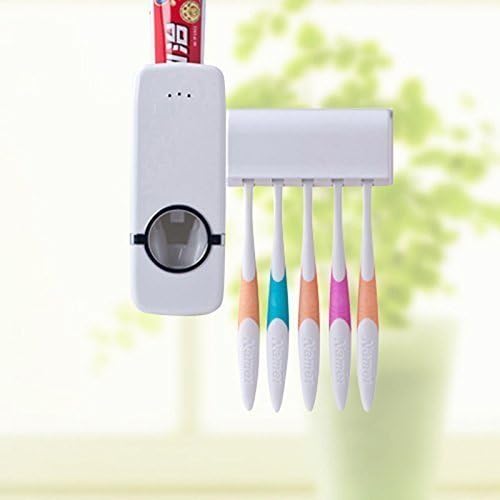 Dkriva Hands Free Wall Mounted Plastic Dust Proof Automatic Toothpaste Dispenser and Detachable Hole 5 Toothbrush Holder(1 PCS) - Image 3