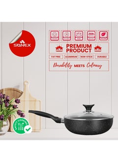 SONEX Sonex Non Stick Classic Wok Black Granite with Glass Lid & Ergonomic Bakelite Handle, Dia 30 cm & Cap 5 Ltr – Perfect for Stir-Fries, Curries, and Asian Cuisine, PFOA Free, Durable & Easy to Clean  - Image 4