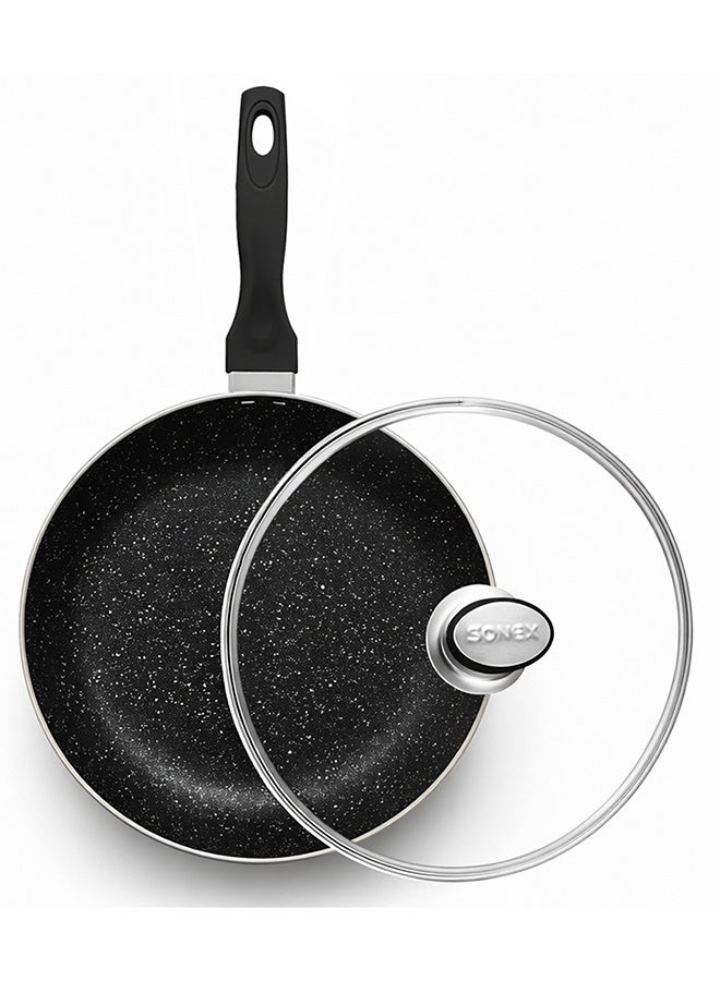 SONEX مقلاة سونيكس الكلاسيكية غير اللاصقة باللون الأسود من الجرانيت مع غطاء زجاجي ومقبض باكليت مريح، قطر 30 سم وسعة 5 لتر – مثالية للقلقاس، الكاري، والمأكولات الآسيوية، خالية من PFOA، متينة وسهلة التنظيف - Image 2