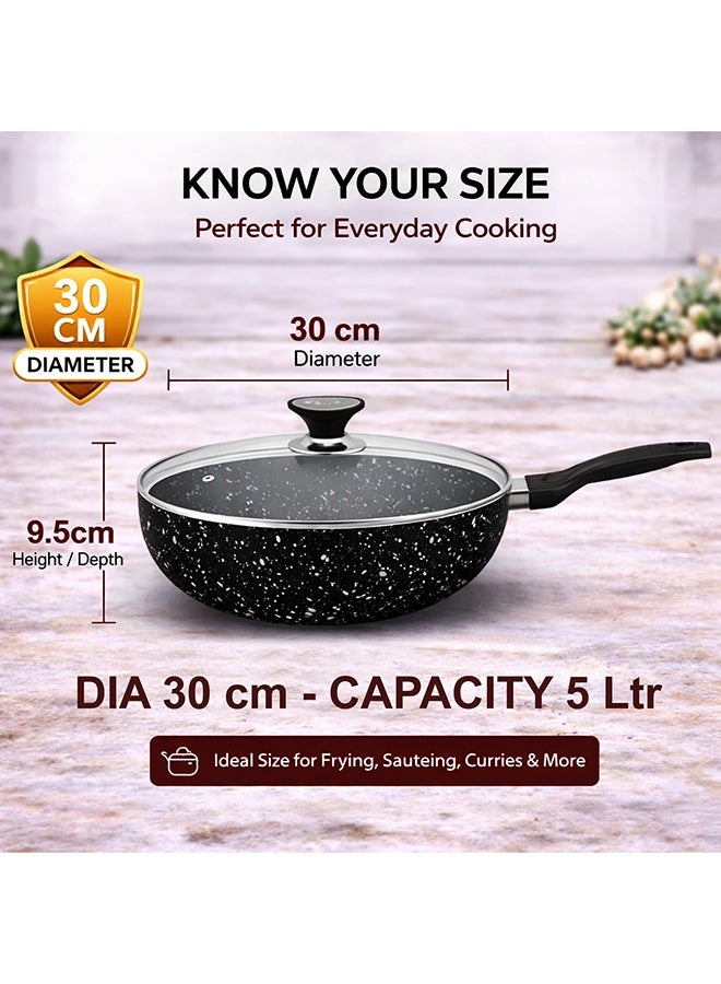 SONEX مقلاة سونيكس الكلاسيكية غير اللاصقة باللون الأسود من الجرانيت مع غطاء زجاجي ومقبض باكليت مريح، قطر 30 سم وسعة 5 لتر – مثالية للقلقاس، الكاري، والمأكولات الآسيوية، خالية من PFOA، متينة وسهلة التنظيف - Image 3