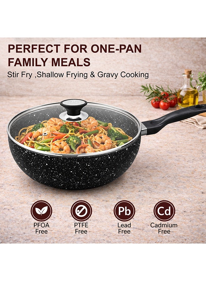 SONEX مقلاة سونيكس الكلاسيكية غير اللاصقة باللون الأسود من الجرانيت مع غطاء زجاجي ومقبض باكليت مريح، قطر 30 سم وسعة 5 لتر – مثالية للقلقاس، الكاري، والمأكولات الآسيوية، خالية من PFOA، متينة وسهلة التنظيف - Image 4
