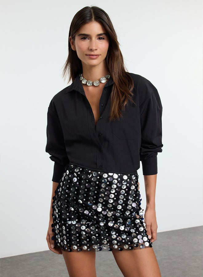 trendyol Black Large Sequined Knitted Mini Skirt  - Image 2