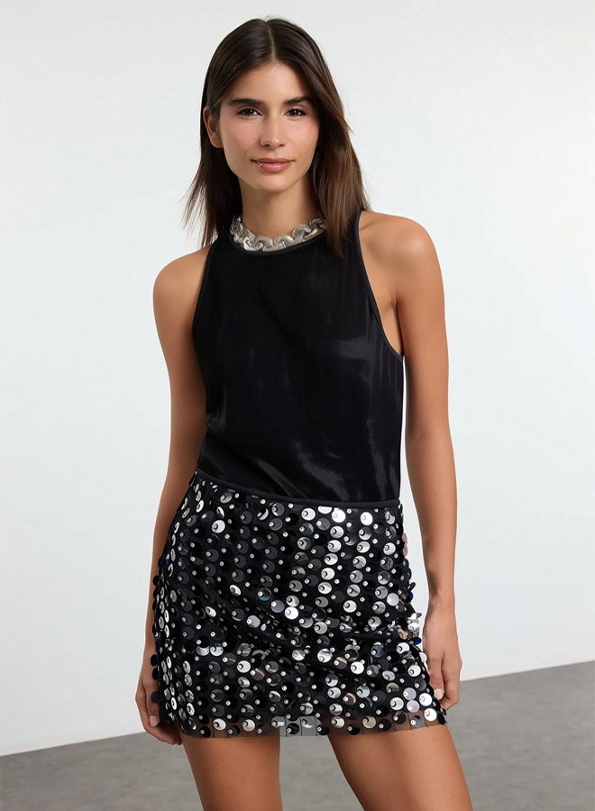 trendyol Black Large Sequined Knitted Mini Skirt  - Image 1