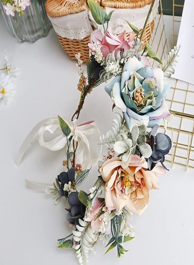 Faylay Women Girl Flower Headband Wreath Boho Headpiece Floral Crown for Wedding Festivals Photo Props (Pink & Blue) - Image 4