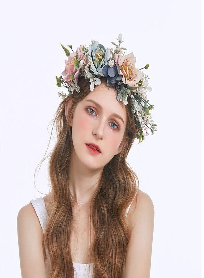 Faylay Women Girl Flower Headband Wreath Boho Headpiece Floral Crown for Wedding Festivals Photo Props (Pink & Blue) - Image 2