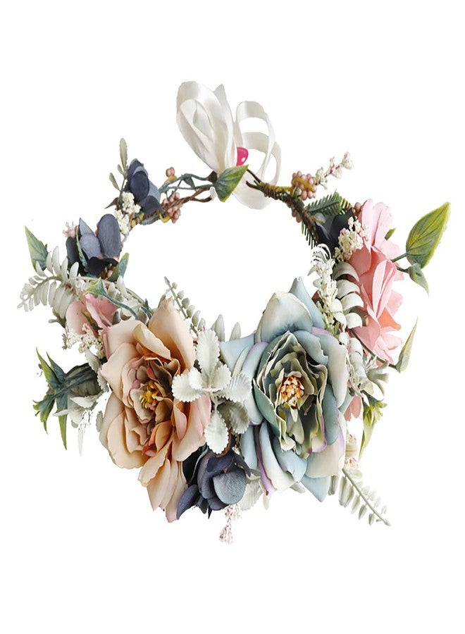 Faylay Women Girl Flower Headband Wreath Boho Headpiece Floral Crown for Wedding Festivals Photo Props (Pink & Blue) - Image 1