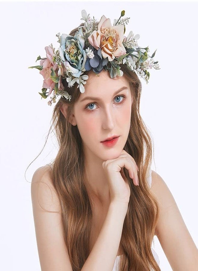 Faylay Women Girl Flower Headband Wreath Boho Headpiece Floral Crown for Wedding Festivals Photo Props (Pink & Blue) - Image 3