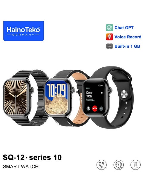 HainoTeko SQ-12 Series 10 Smart Watch with AMOLED Display Chat GPT Video Recording and 3 Pair Straps Designed for Ladies and Gents Black