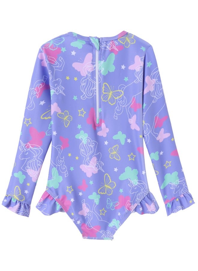 Ghteas One Piece Swimsuit Girls Long Sleeve Bathing Suit Ruffle Zipper Swimwear with UPF 50+ Sun Protection Purple Butterfly 12 Month 2t Swimsuit Girl - Image 2