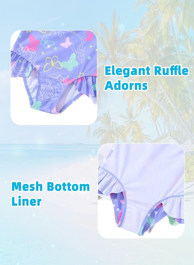 Ghteas One Piece Swimsuit Girls Long Sleeve Bathing Suit Ruffle Zipper Swimwear with UPF 50+ Sun Protection Purple Butterfly 12 Month 2t Swimsuit Girl - Image 4