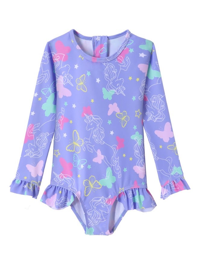 Ghteas One Piece Swimsuit Girls Long Sleeve Bathing Suit Ruffle Zipper Swimwear with UPF 50+ Sun Protection Purple Butterfly 12 Month 2t Swimsuit Girl - Image 1