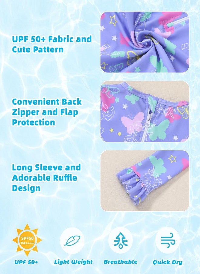 Ghteas One Piece Swimsuit Girls Long Sleeve Bathing Suit Ruffle Zipper Swimwear with UPF 50+ Sun Protection Purple Butterfly 12 Month 2t Swimsuit Girl - Image 3