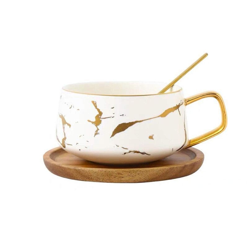 Eplze YBK Tech Porcelain Tea Cup Coffee Mug Set for Afternoon Tea  Marble Pattern White Short 300ml  Wood Saucer