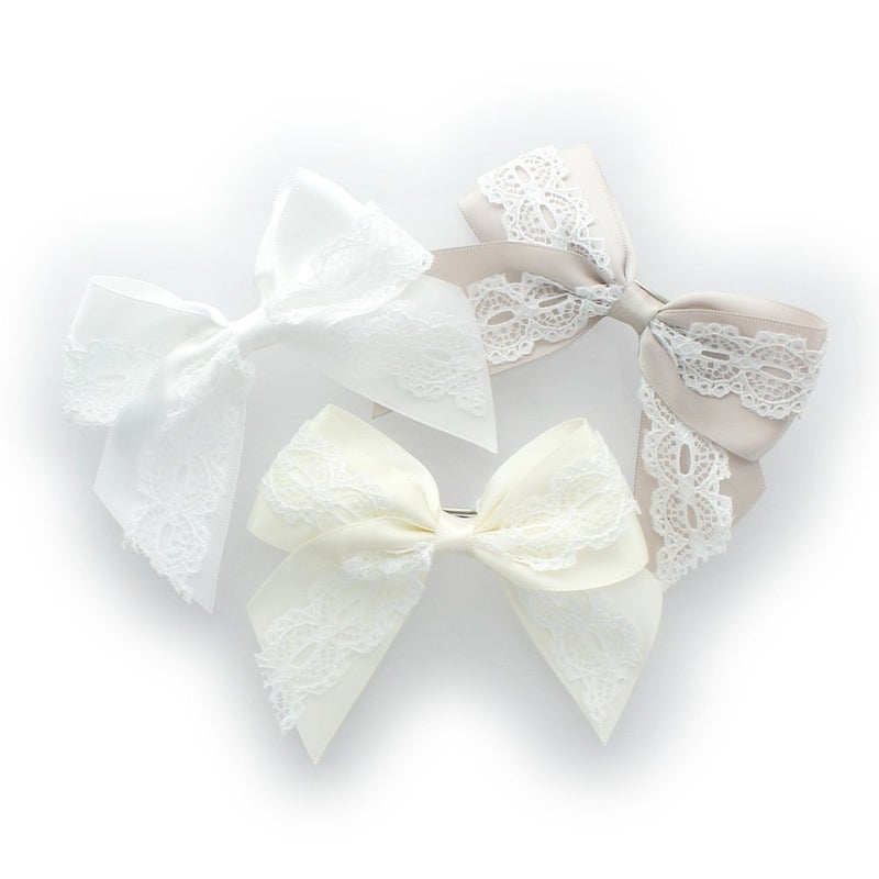 My Lello Medium 4 Girls HairBow Barrette Satin  Lace Mixed Variety 3 Pack WhiteTaupeIvory