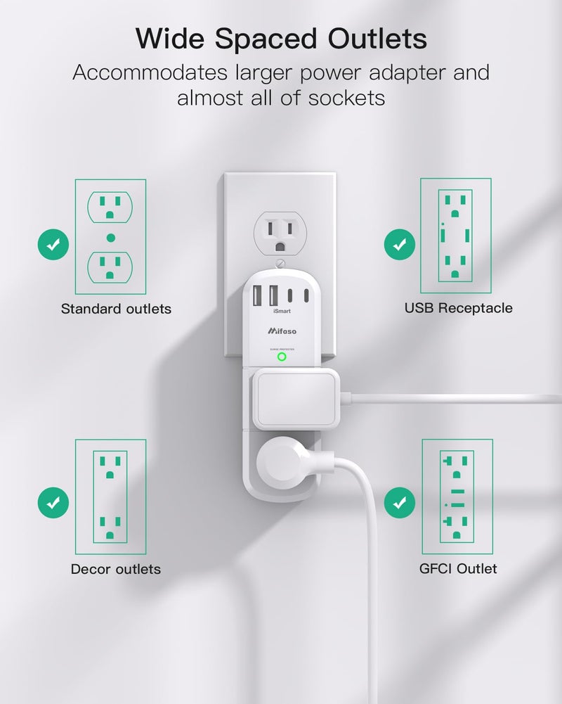 mifaso Surge Protector Outlet Extender with Rotating Plug, 6 AC Multi Plug Wall Outlets and 4 USB Ports, 1800 Joules, Swivel Power Strip Electrical Splitter for Home Decor Apartment Dorm Room Essentials - Image 4