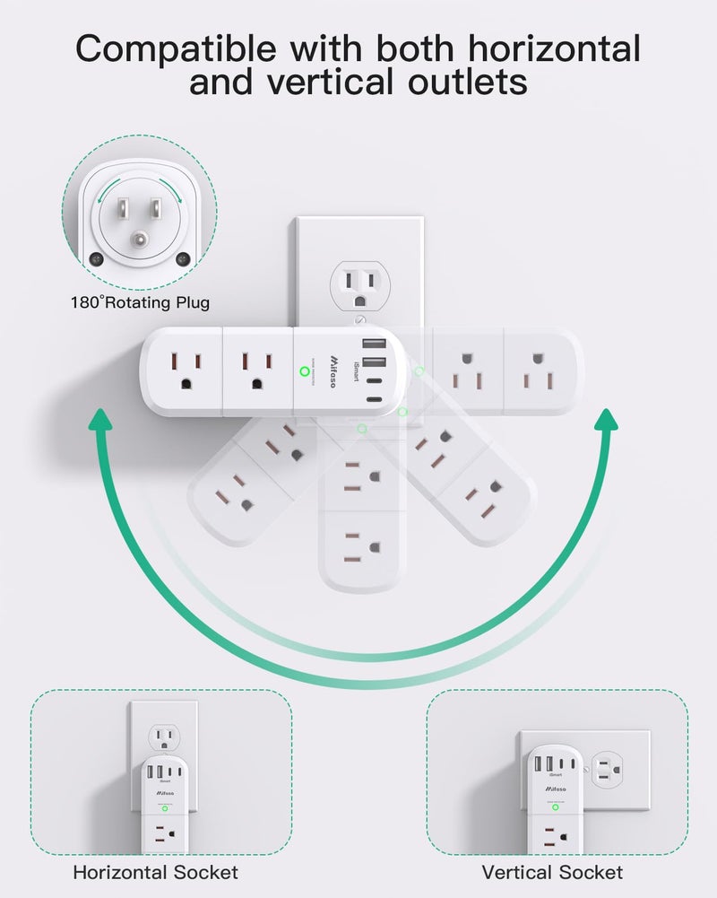 mifaso Surge Protector Outlet Extender with Rotating Plug, 6 AC Multi Plug Wall Outlets and 4 USB Ports, 1800 Joules, Swivel Power Strip Electrical Splitter for Home Decor Apartment Dorm Room Essentials - Image 2