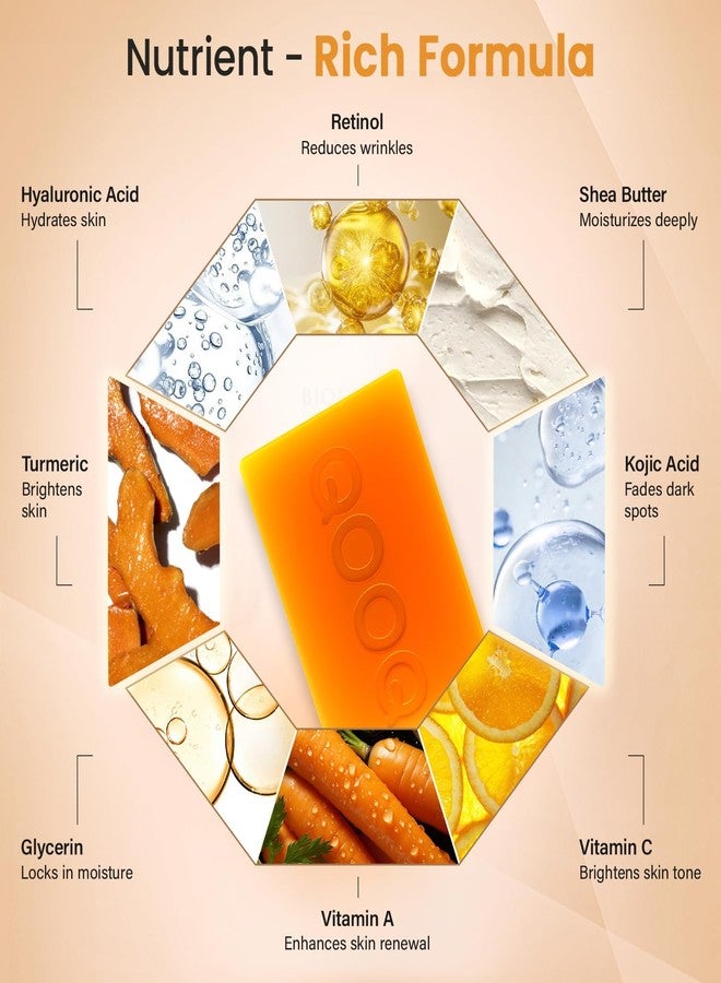 QOOQ Turmeric Kojic Acid Soap for Dark Spots Brightening - Face and Body Wash with Vitamin C, Retinol, Collagen, Vitamin E, Glycerin, Shea Butter & Castile Olive Oil - Soap for Women & Men (120g x 2) - Image 4