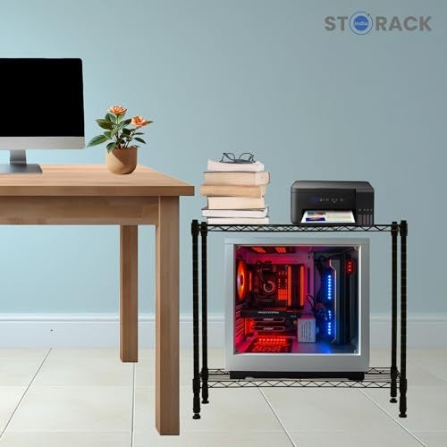 STORACK 2-Tier Mobile Wire Storage Rack | Adjustable CPU Stand, Printer Stand & Book Shelf with Wheels & Leveling Feet | 60L x 25W x 60H CM | Office & Home Storage Cart | Black - Image 2