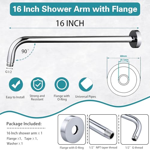 Enoughmen 16 Inch Shower Arm with Flange,Stainless Steel 90 Degree Rain Shower Head Extension Arm,Wall-Mounted Shower Head Arm for Fixed Shower Head,Chrome - Image 2