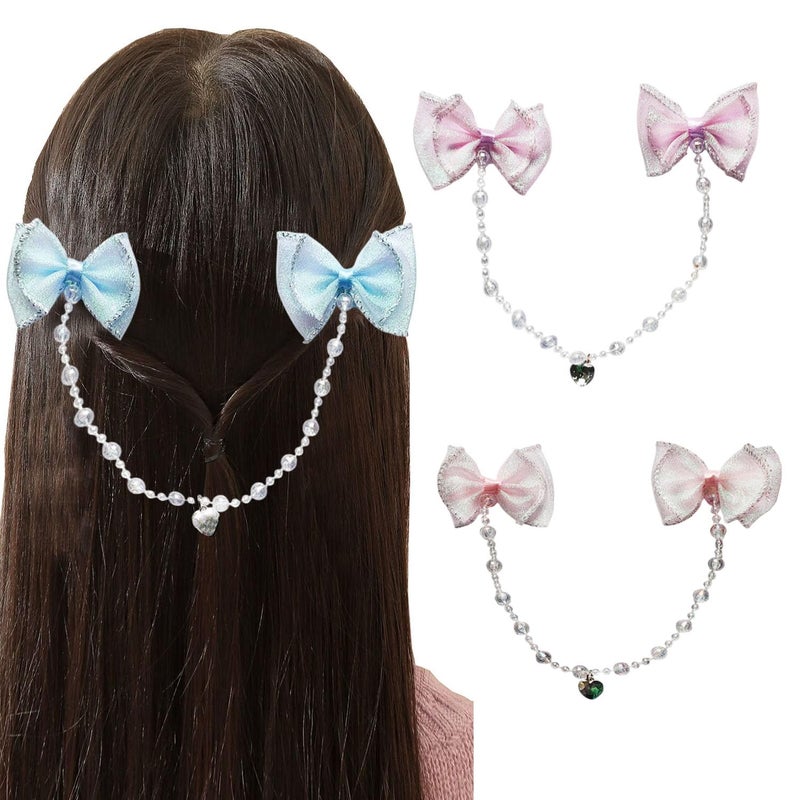 Karp Girls Hair Clips with Sparkly Bows and Beaded Chains – 2Pcs Cute Hair Accessories with Heart Charms – Princess Style Hairpins (Hair Pin (K2525)-Style-2) - Image 1
