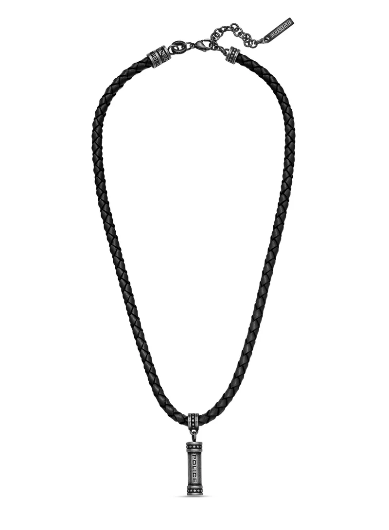 POLICE Black Braided Leather Silver Pendant Necklace for Men