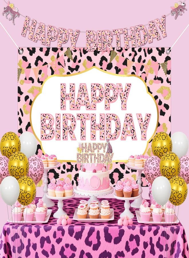 Balterever Cheetah Print Birthday Decorations for Girl Leopard Happy Birthday Backdrop Banner Cake Topper for Safari Jungle Animal Cheetah Supplies - Image 2