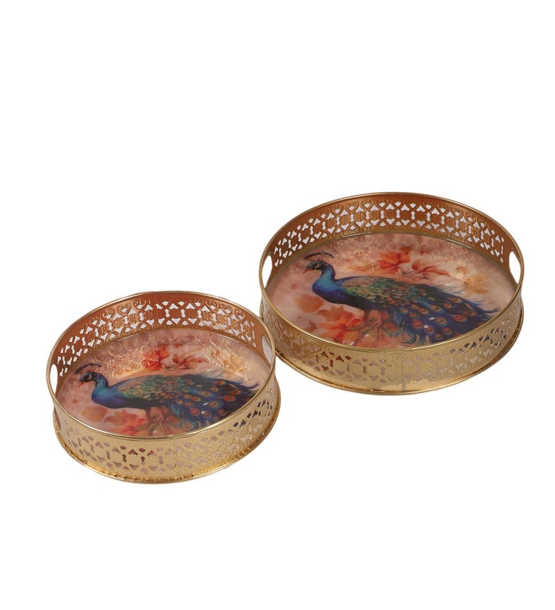Two Moustaches Peacock Design Serving Trays Set (8 Inches & 10 Inches), Serving Tray for Home, Platters for Tea/Fruits/Snacks, Decorative Pichwai Tray, Decorative Serving Tray, (Pack of 2) - Image 4