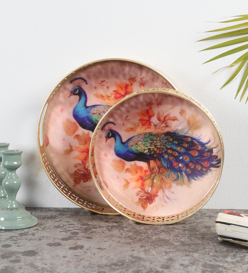Two Moustaches Peacock Design Serving Trays Set (8 Inches & 10 Inches), Serving Tray for Home, Platters for Tea/Fruits/Snacks, Decorative Pichwai Tray, Decorative Serving Tray, (Pack of 2) - Image 3