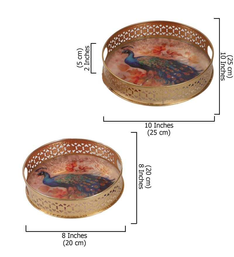 Two Moustaches Peacock Design Serving Trays Set (8 Inches & 10 Inches), Serving Tray for Home, Platters for Tea/Fruits/Snacks, Decorative Pichwai Tray, Decorative Serving Tray, (Pack of 2) - Image 5