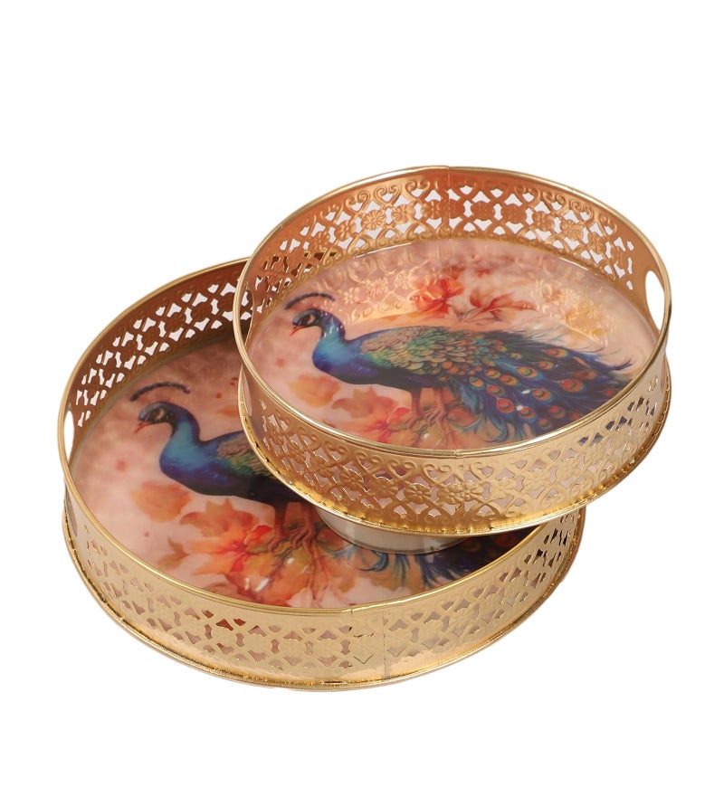 Two Moustaches Peacock Design Serving Trays Set (8 Inches & 10 Inches), Serving Tray for Home, Platters for Tea/Fruits/Snacks, Decorative Pichwai Tray, Decorative Serving Tray, (Pack of 2) - Image 2