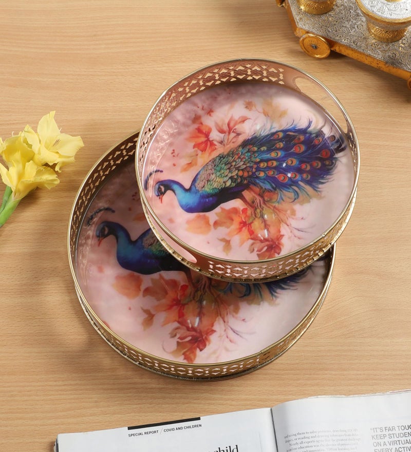 Two Moustaches Peacock Design Serving Trays Set (8 Inches & 10 Inches), Serving Tray for Home, Platters for Tea/Fruits/Snacks, Decorative Pichwai Tray, Decorative Serving Tray, (Pack of 2) - Image 1