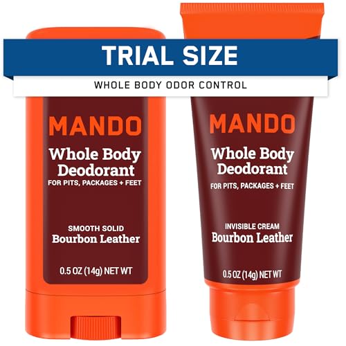 Mando Whole Body Deodorant For Men Mini TravelSized Invisible Cream and Solid Stick 72Hour Odor Control AluminumFree Baking SodaFree 05 oz Tube and 05 oz Stick Bourbon Leather Scent - Image 1