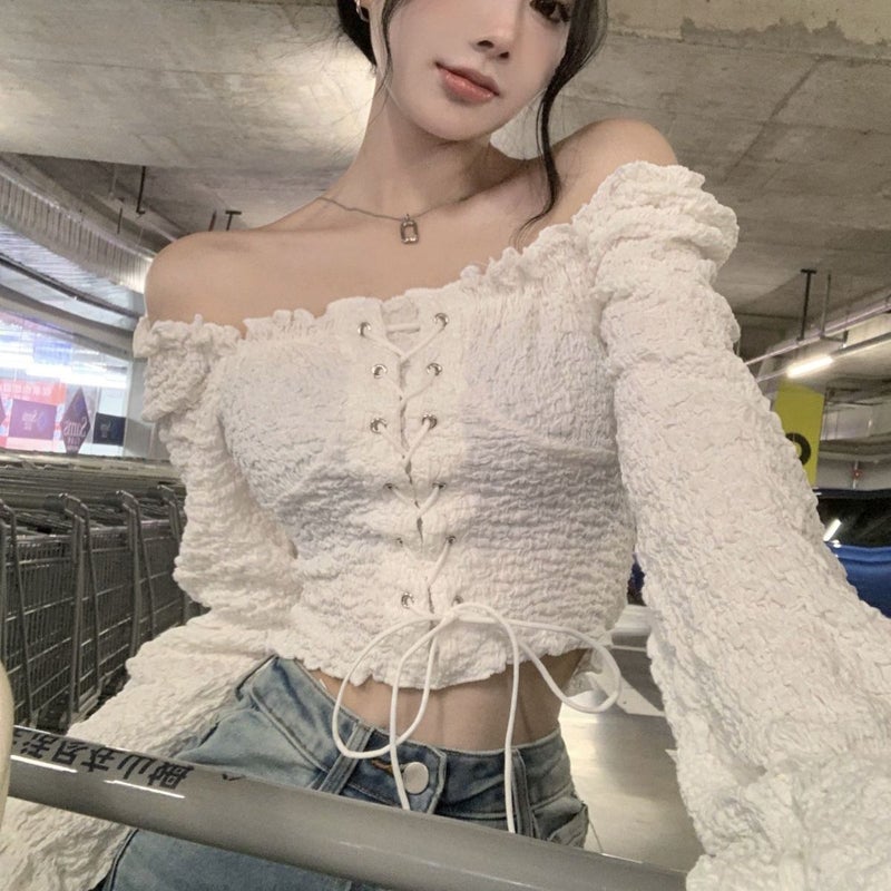 Off-shoulder Shirt Womens Clothing Design Sense Niche Short Shirt Autumn White French Off-shoulder Temperament Long-sleeved Top Off-white [style]