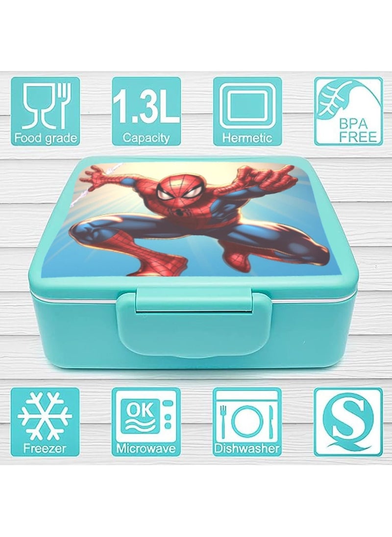Generic - Kids Bento Lunch Box, 1300ml Bento Box Lunch Container with 4 Compartments, Sauce Jar Spoon Fork (Spiderman) - Image 1