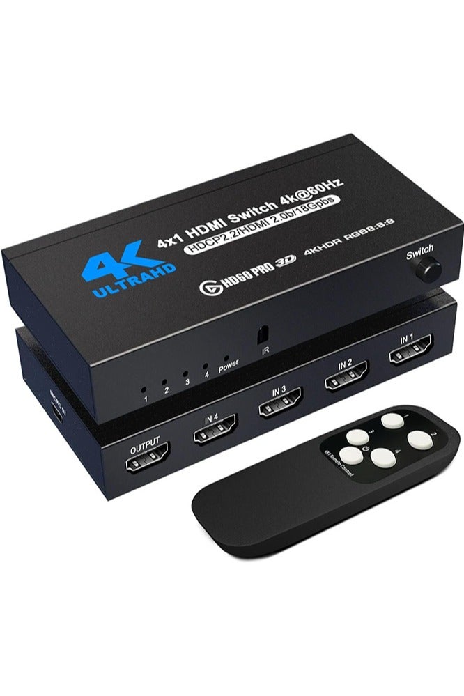HDMI Switch 4 in 1 Out, 4K@60Hz HDMI Switch with Remote Control, 4 Ports HDMI Switcher for TV/PC/Laptop/DVD/PS3/PS4/PS5/Xbox 360/Xbox One/TV Stick/Game Box/Blu-ray Player/Projector, Black - Image 1