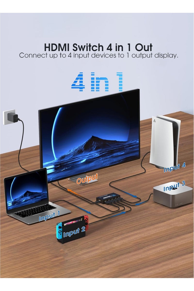 HDMI Switch 4 in 1 Out, 4K@60Hz HDMI Switch with Remote Control, 4 Ports HDMI Switcher for TV/PC/Laptop/DVD/PS3/PS4/PS5/Xbox 360/Xbox One/TV Stick/Game Box/Blu-ray Player/Projector, Black - Image 2