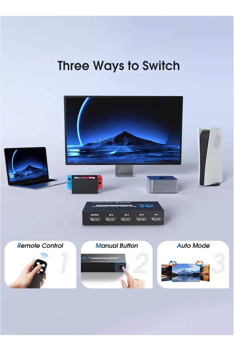 HDMI Switch 4 in 1 Out, 4K@60Hz HDMI Switch with Remote Control, 4 Ports HDMI Switcher for TV/PC/Laptop/DVD/PS3/PS4/PS5/Xbox 360/Xbox One/TV Stick/Game Box/Blu-ray Player/Projector, Black - Image 5