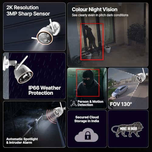 Qubo Smart Outdoor 3MP [2K] WiFi Bullet Camera by Hero Group | Color NightPulse Vision | CCTV cam | AI Person Detection | Smart Spotlight | IP66 Weatherproof | Made in India - Image 2