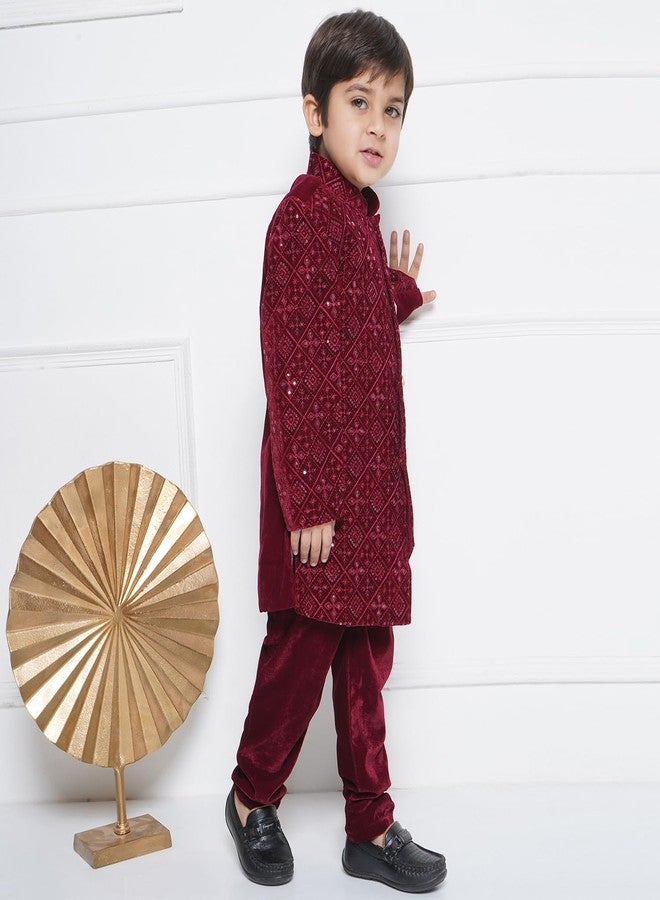 AJ DEZINES Kids Ethnic Wear Velvet Embroidered Sequin Maroon Sherwani Set For Boys (DUP_7050-MAROON-5) - Image 5